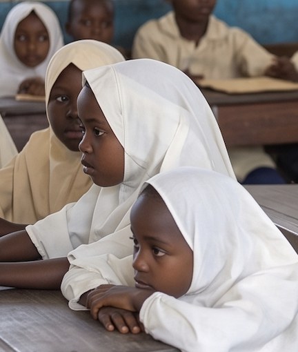 Schoolgirls in white hijabs seated at classroom desks